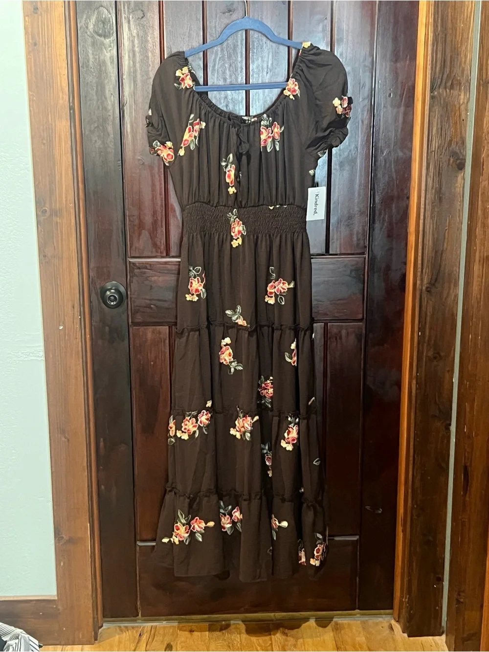 Anthro Kindred Embroidered Smocked Brown Maxi Dress with Puff Sleeves